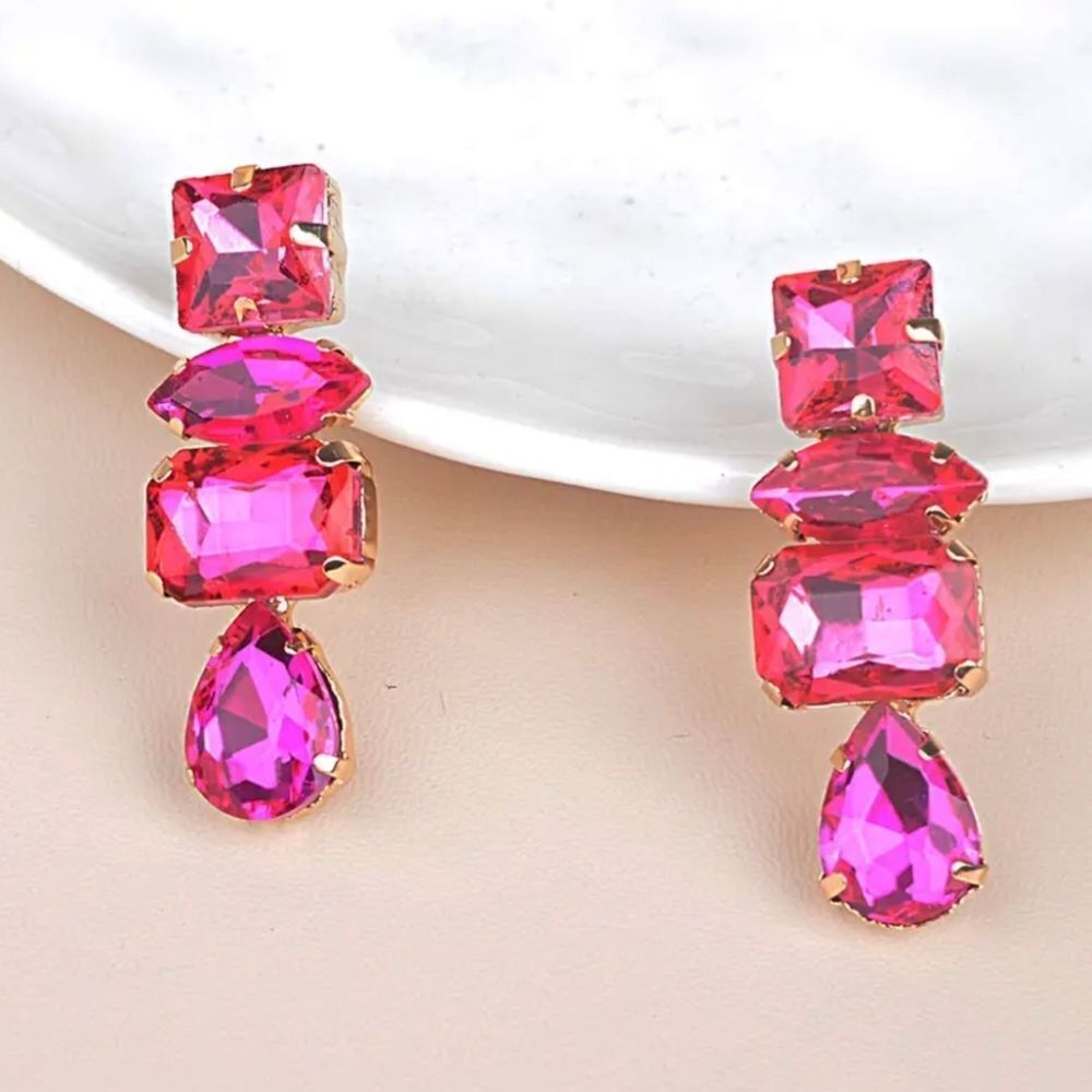 Pink Rhinestone Drop Earrings - Picture 2 of 4